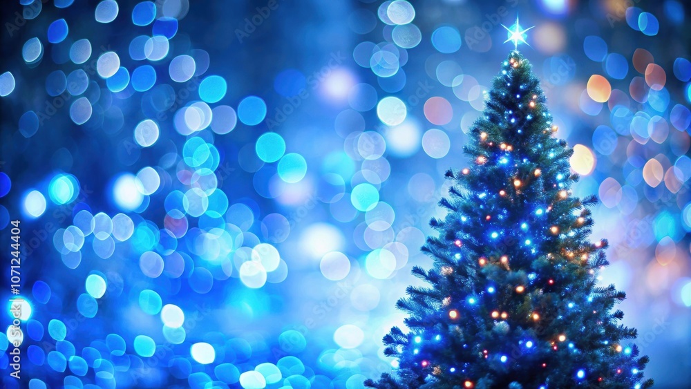 Blurred Christmas tree with blue lights shining in the background , holiday, festive, celebration, winter, abstract Blurred Christmas tree with blue lights shining in the background , holiday, festive, celebration, winter, abstract