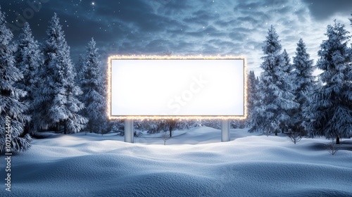 Majestic winter forest with snow-covered trees, a blank billboard illuminated by Christmas lights in the middle, serene and festive holiday background