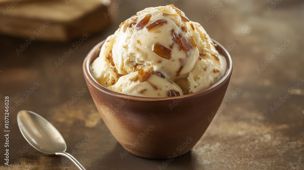 A bowl of creamy ice cream topped with rich caramel sauce and crunchy nuts A bowl of creamy ice cream topped with rich caramel sauce and crunchy nuts