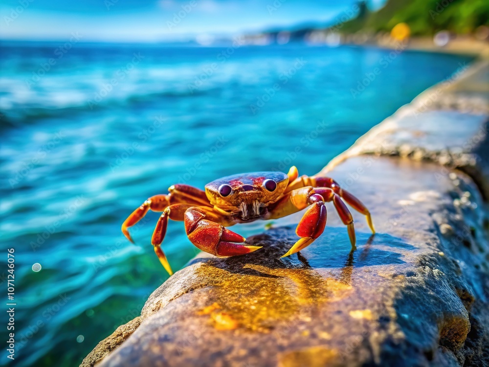 Water-drenched crab suns itself on a concrete ledge. Water-drenched crab suns itself on a concrete ledge.
