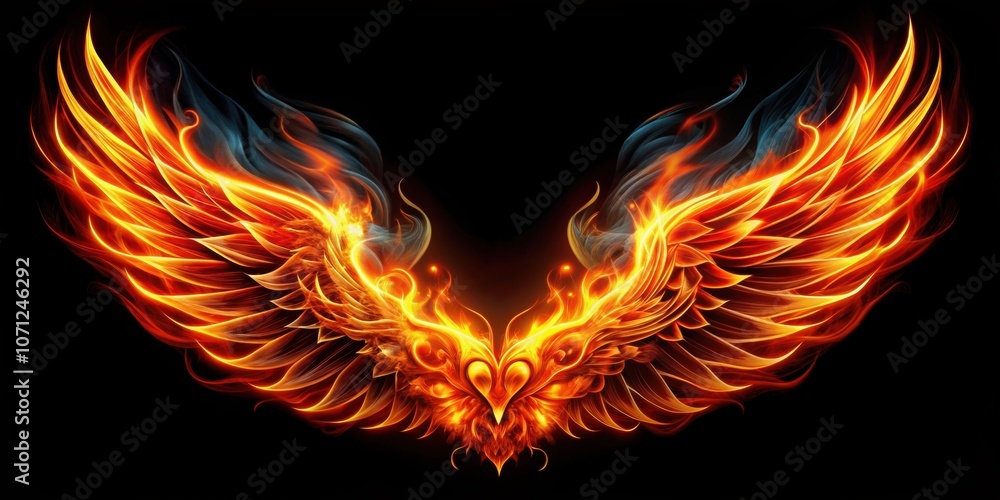 Fototapeta premium Abstract of fire symbols and mythical wings creating a bold and vibrant design , flames, bird, phoenix, fiery, abstract, wings, fantasy