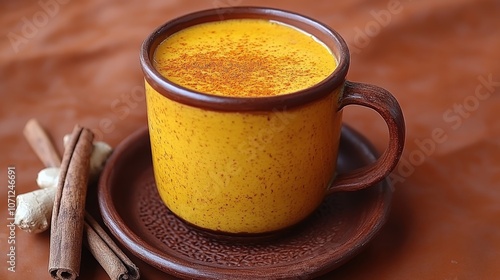 Delicious Turmeric Latte in Brown Mug on Wooden Plate with Cinnamon Sticks and Ginger, Captivating Healthy Drink, Vibrant and Warming Autumn Beverage photo