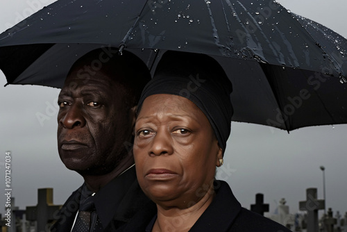 a somber moment between a senior woman and Black man at a cemetery