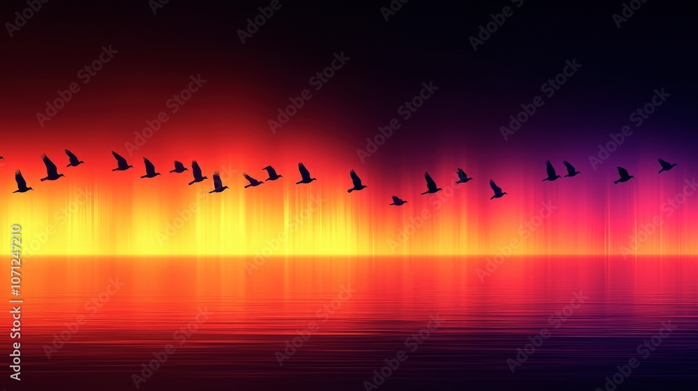 Fototapeta premium Flock of Birds Migrating Against Orange Sunset Sky