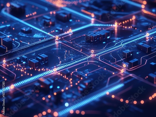 Explore the intricate design of modern technology with a close-up view of a high-tech circuit board and its illuminated connections