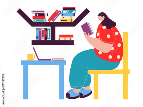 Girl reading book in home library. Library illustrations. Flat vector illustration.