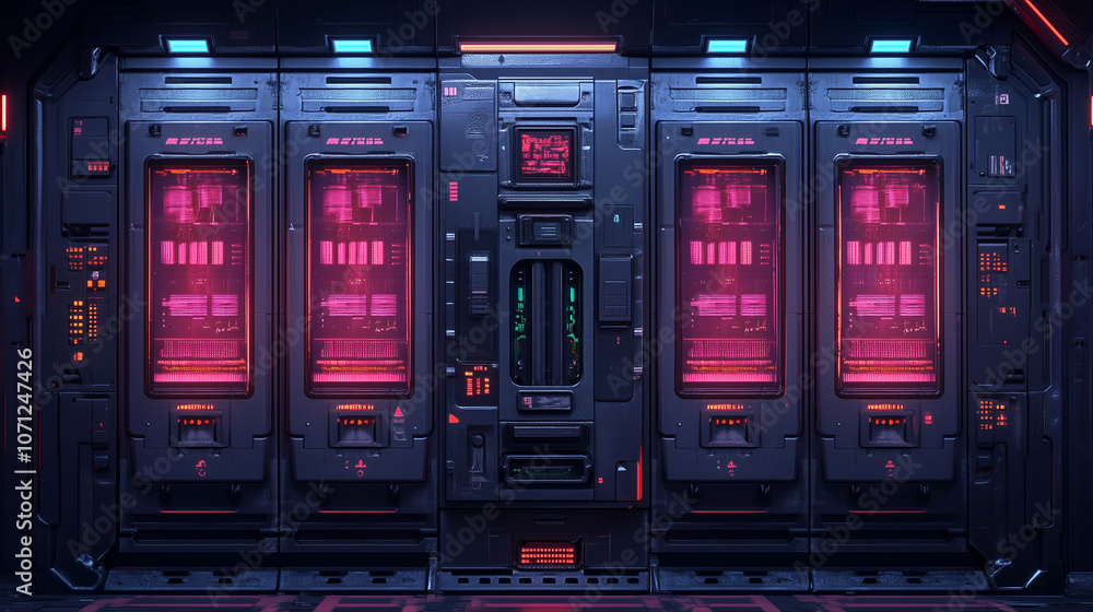 Neon-lit futuristic server room featuring sleek, high-tech equipment and control panels in vibrant hues Neon-lit futuristic server room featuring sleek, high-tech equipment and control panels in vibrant hues