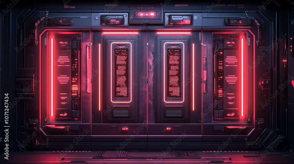 Futuristic sci-fi door with glowing red lights, advanced technology, cyberpunk aesthetic, industrial interior Futuristic sci-fi door with glowing red lights, advanced technology, cyberpunk aesthetic, industrial interior
