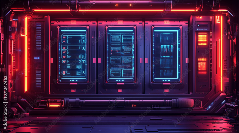 High-tech futuristic server room with glowing neon lights, digital displays, and cyberpunk elements High-tech futuristic server room with glowing neon lights, digital displays, and cyberpunk elements