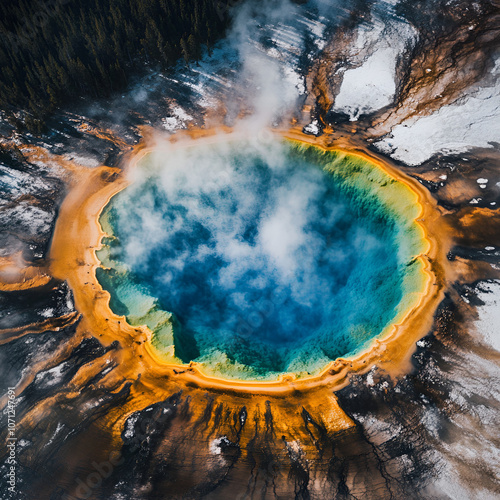 Aerial View of Geothermal Hot Spring, Breathtaking Geothermal Pool Landscape photo