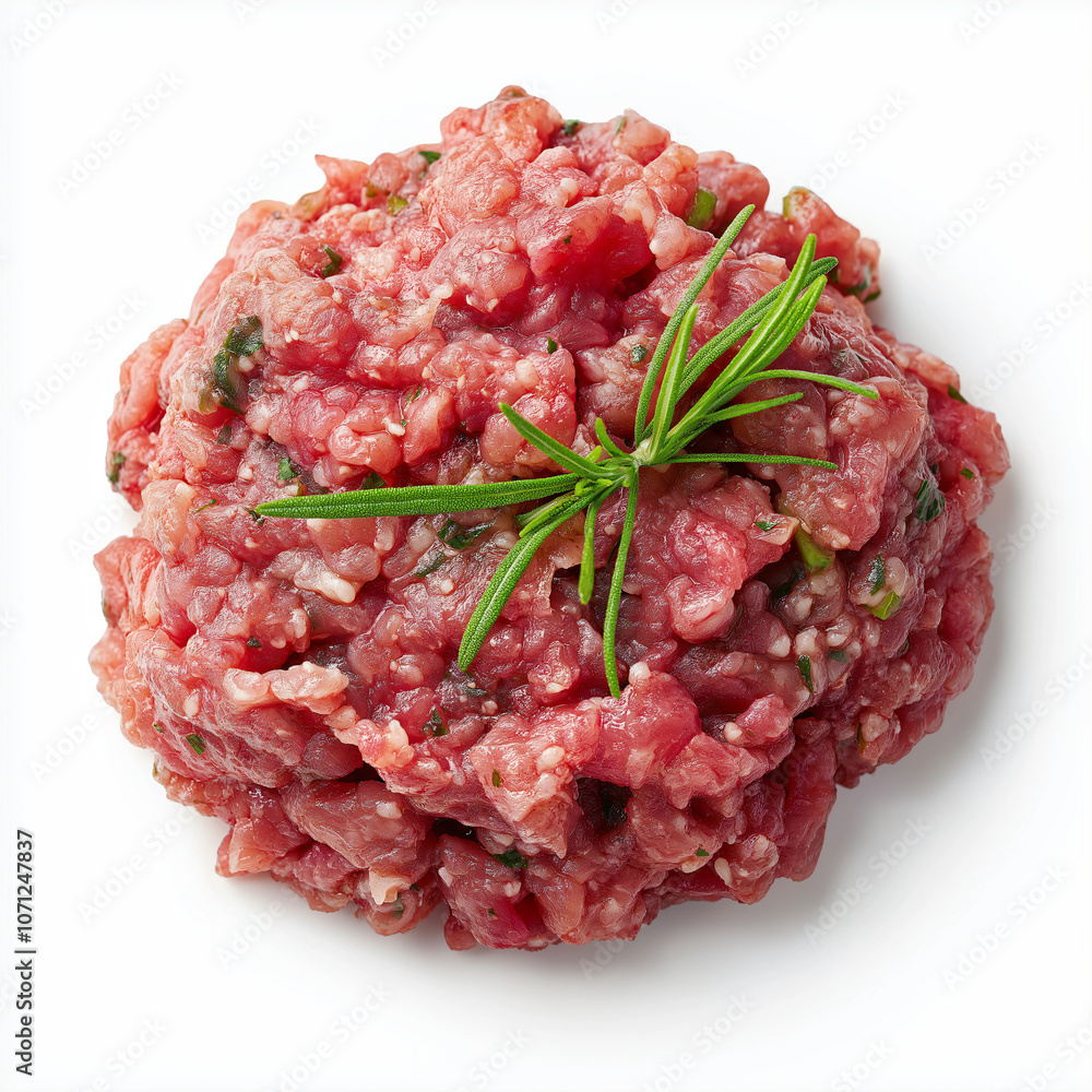Raw ground beef with fresh rosemary on a white isolated background. Raw ground beef with fresh rosemary on a white isolated background.