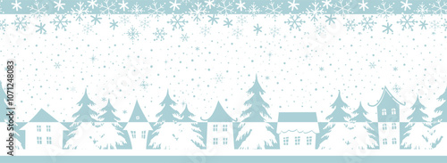 Winter Background. Christmas Village. Seamless Border. Fairy Tale Winter Landscape. Two Color Houses, Fir Trees. Vector Illustration in Blue, White