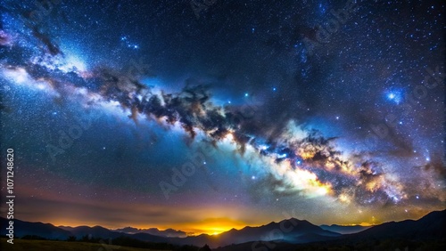 A Breathtaking Night Sky Display with the Milky Way Galaxy Arching Over a Silhouetted Mountain Range, Illuminated by the Distant Glow of a Setting Sun