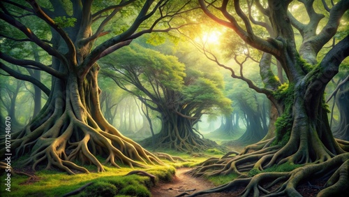 Enchanted forest trees with twisted roots and branches, Enchanted, forest, trees, twisted, gnarly, roots, branches photo