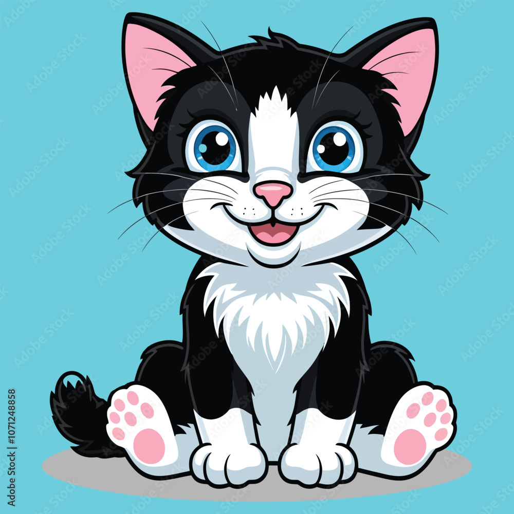 Obraz premium Vector,Adorable Cartoon Cat Illustration,Smiling Black and White Cat Character,Cute Sitting Kitten Vector Illustration 