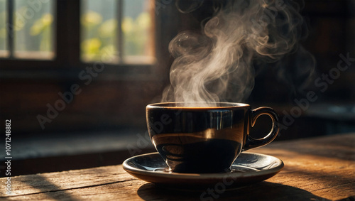 Hot black coffee in a ceramic cup with steam rising, set on a rustic table with morning light filtering through.