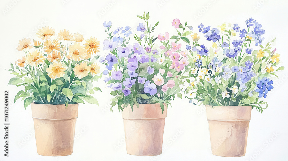 Three vibrant flower pots filled with yellow, pink, and blue blossoms against a light background, creating a fresh and cheerful atmosphere. Three vibrant flower pots filled with yellow, pink, and blue blossoms against a light background, creating a fresh and cheerful atmosphere.