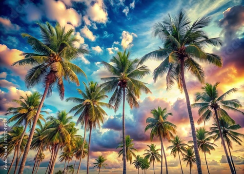 Tropical Palm Trees Under a Bright Blue Sky with Abstract Cloud Background for Summer Vacation and Nature Travel Adventure Concept, Enhanced with Pastel Tone Filter Effect