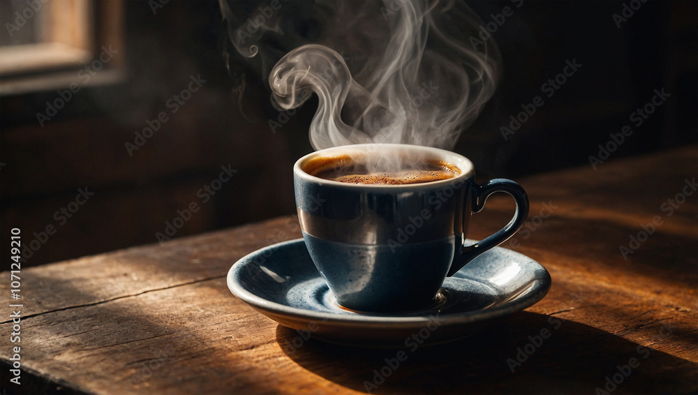 Hot black coffee in a ceramic cup with steam rising, set on a rustic table with morning light filtering through. Hot black coffee in a ceramic cup with steam rising, set on a rustic table with morning light filtering through.