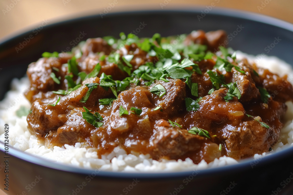 A delicious bowl of beef soup with rice and herbal food A delicious bowl of beef soup with rice and herbal food