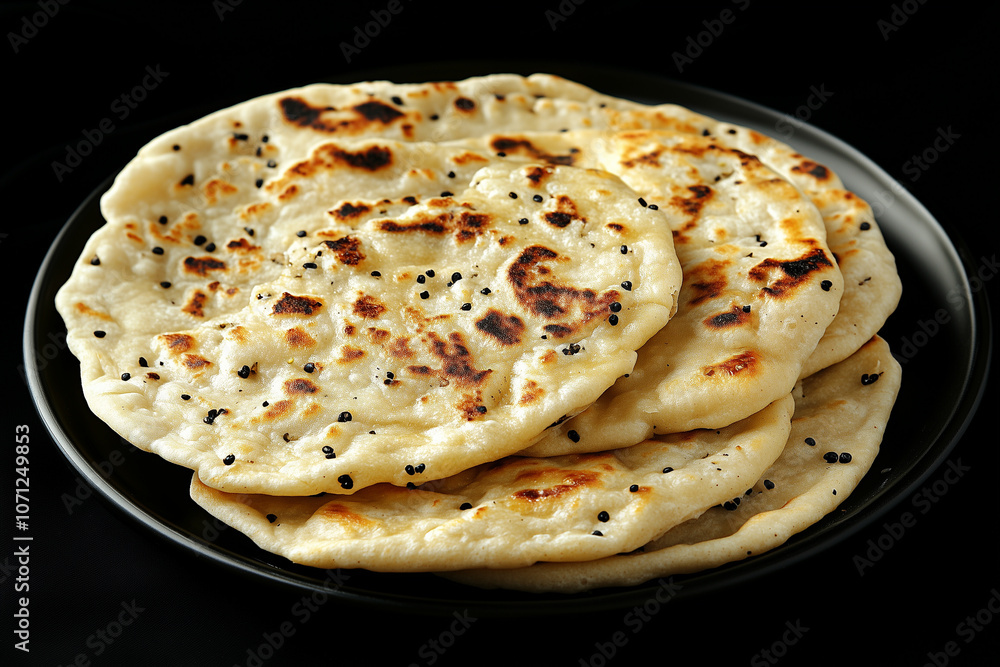Freshly baked flat Indian naan bread on a black plate Freshly baked flat Indian naan bread on a black plate