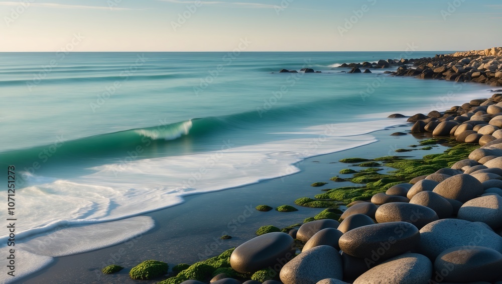 A calm sea with gentle waves lapping against a rocky shore. Created with generative AI technology A calm sea with gentle waves lapping against a rocky shore. Created with generative AI technology