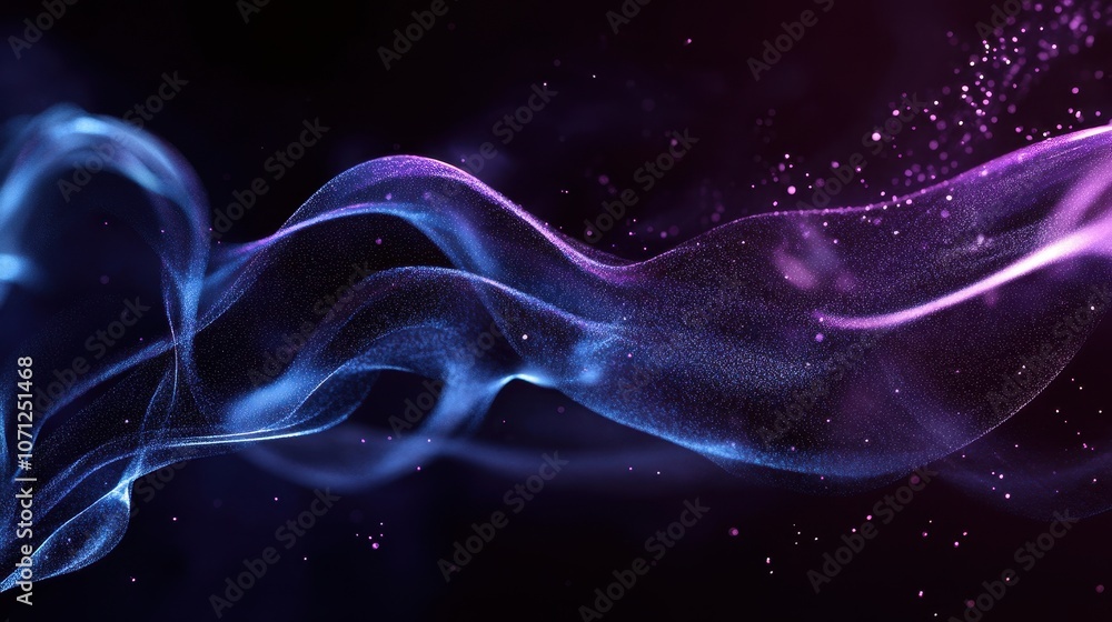 Obraz premium Abstract Blue and Purple Glowing Wave with Sparkles on Black Background - Digital Art Design, Technology, Science Concept.