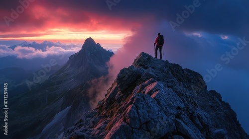 Silhouette of Hiker on Mountain Peak at Sunrise with Dramatic Sky and Clouds.