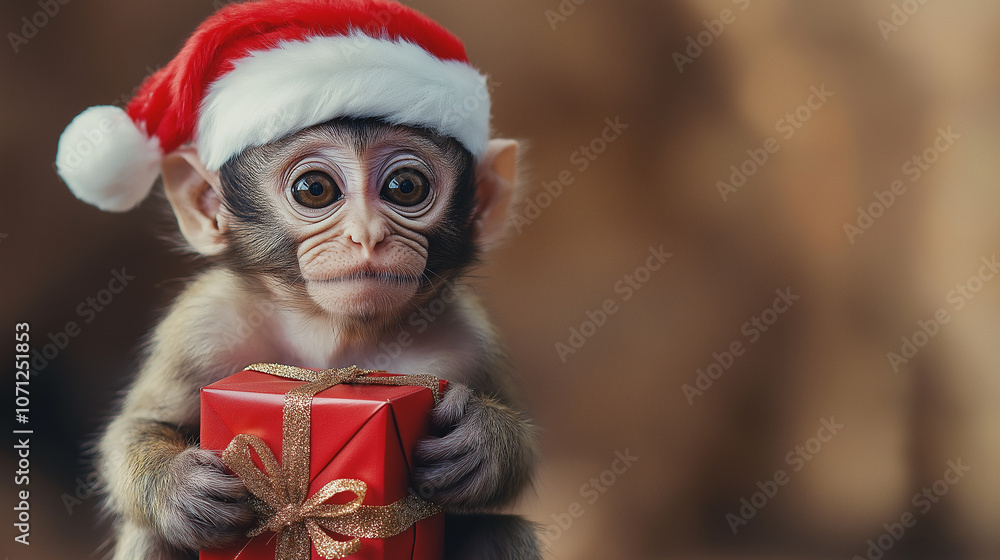 Monkey in a tiny Santa hat, holding a mini wrapped present Monkey in a tiny Santa hat, holding a mini wrapped present
