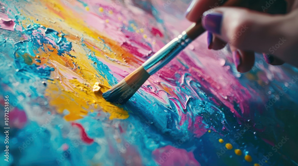Fototapeta premium A close-up of a hand creating a colorful abstract background with paint and brushes