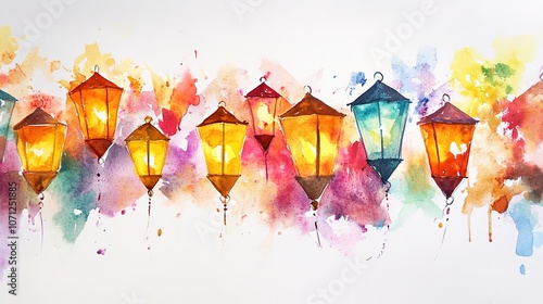 Pastel watercolor Festival of Lights artwork on white background, radiating soft vibrant colors and gentle light. A celebration of brightness, joy, and spirituality symbolized by colorful watercolor  photo