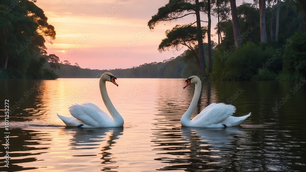Fototapeta premium A peaceful lake with swans gliding across the water at sunset. Created with generative AI technology