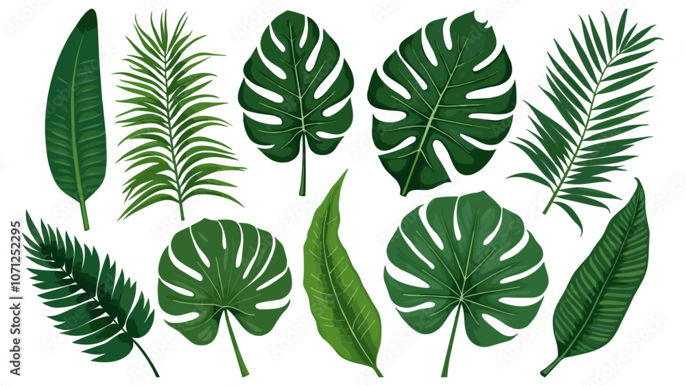 Tropical leaves collection. Vector isolated elements on the white background. Tropical leaves collection. Vector isolated elements on the white background.