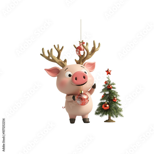 Pig with Reindeer Antlers Decorating Christmas Tree