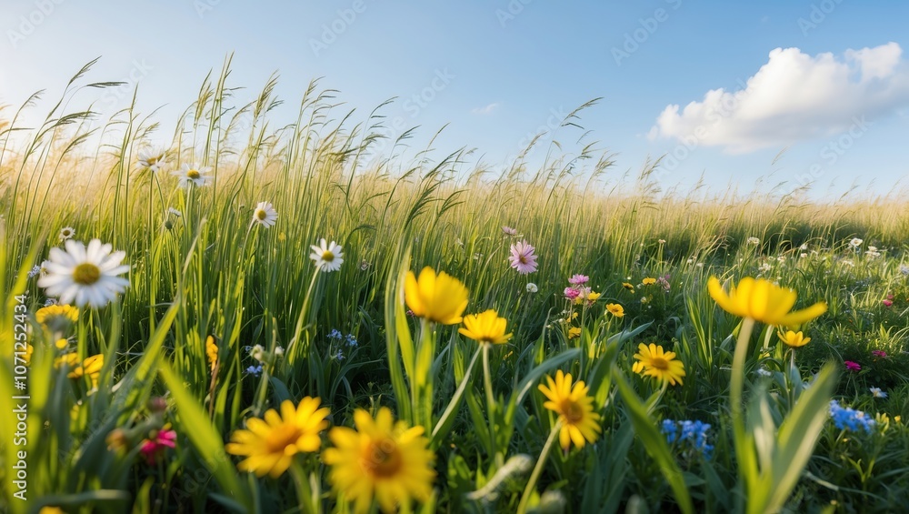 A peaceful meadow with wild grass and colorful flowers in the spring. Created with generative AI technology A peaceful meadow with wild grass and colorful flowers in the spring. Created with generative AI technology