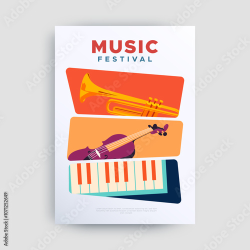 illustration of a music festival celebration poster featuring musical instruments trumpet, violin and piano. a musical instrument commonly used in orchestral performances