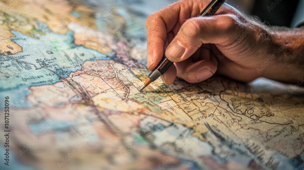 A hand drawing a map from an aerial perspective, highlighting geographic features A hand drawing a map from an aerial perspective, highlighting geographic features