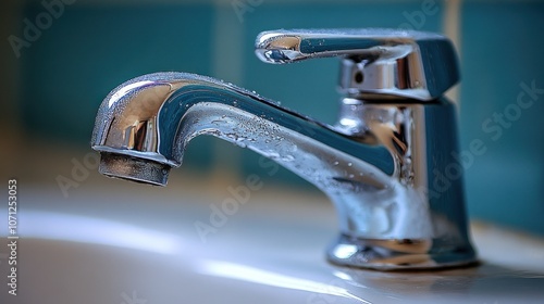 Close-up of a chrome faucet with water droplets.