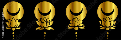 golden lotus flower and crescent moon spiritually healthy lifestyle, spa and yoga, Lotus Blossoms balance harmony vector icon symbol