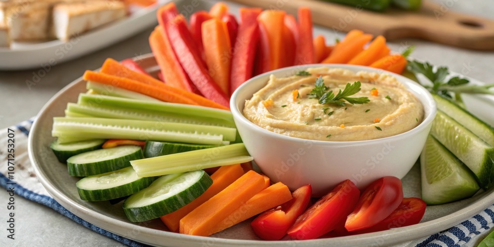 Veggie and Hummus Platter A closeup of fresh carrot sticks cucumber slices and bell pepper strips accompanied by a bowl of creamy hummus for dipping. Veggie and Hummus Platter A closeup of fresh carrot sticks cucumber slices and bell pepper strips accompanied by a bowl of creamy hummus for dipping.