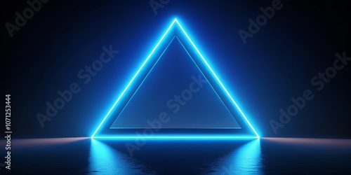 A glowing blue triangle frame stands as a futuristic portal on a sleek, reflective surface.