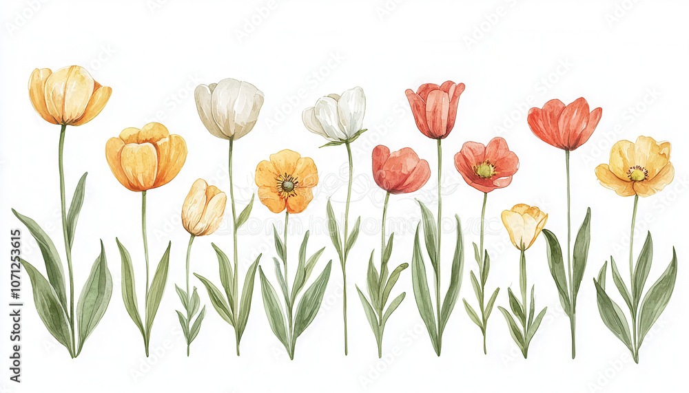 Fototapeta premium A colorful illustration of various tulips in shades of yellow, white, and red, with green leaves, arranged harmoniously.