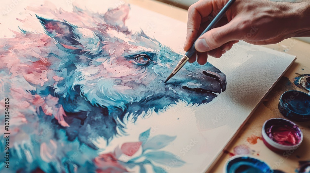 An artist's hand creating a detailed illustration of an animal on a large canvas with watercolor paints An artist's hand creating a detailed illustration of an animal on a large canvas with watercolor paints