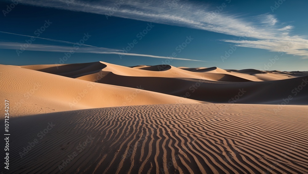 Naklejka premium Desert dunes under the clear sky with soft waves in the sand. Created with generative AI technology