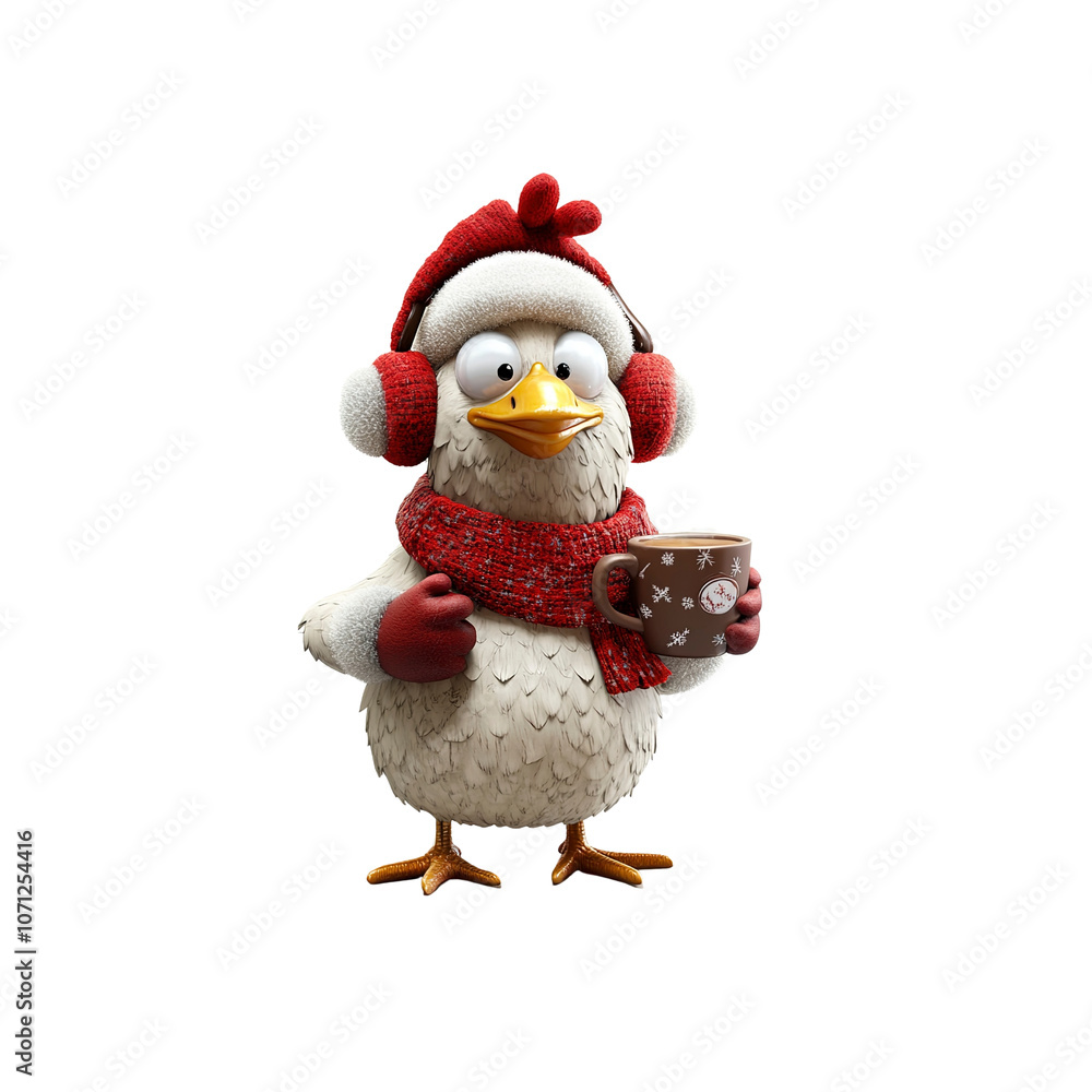 Cute Cartoon Chicken in Winter Outfit Holding a Cup of Hot Chocolate Cute Cartoon Chicken in Winter Outfit Holding a Cup of Hot Chocolate