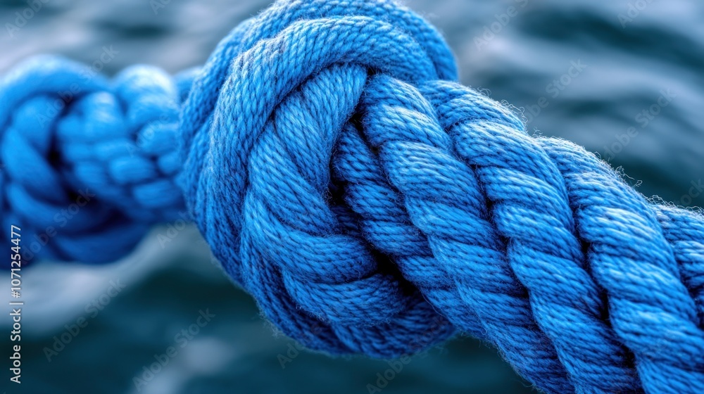 Close-up of a knotted blue rope with a blurred background. Close-up of a knotted blue rope with a blurred background.