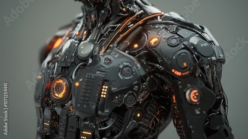 Futuristic Cyborg Torso - Close Up Detail of Complex Robotic Anatomy with Glowing Orange Lights.