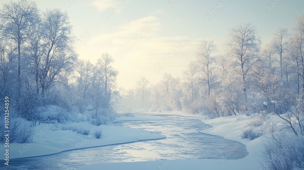 Obraz premium Winter Wonderland Snowy River Flowing Through a Tranquil Forest Landscape.