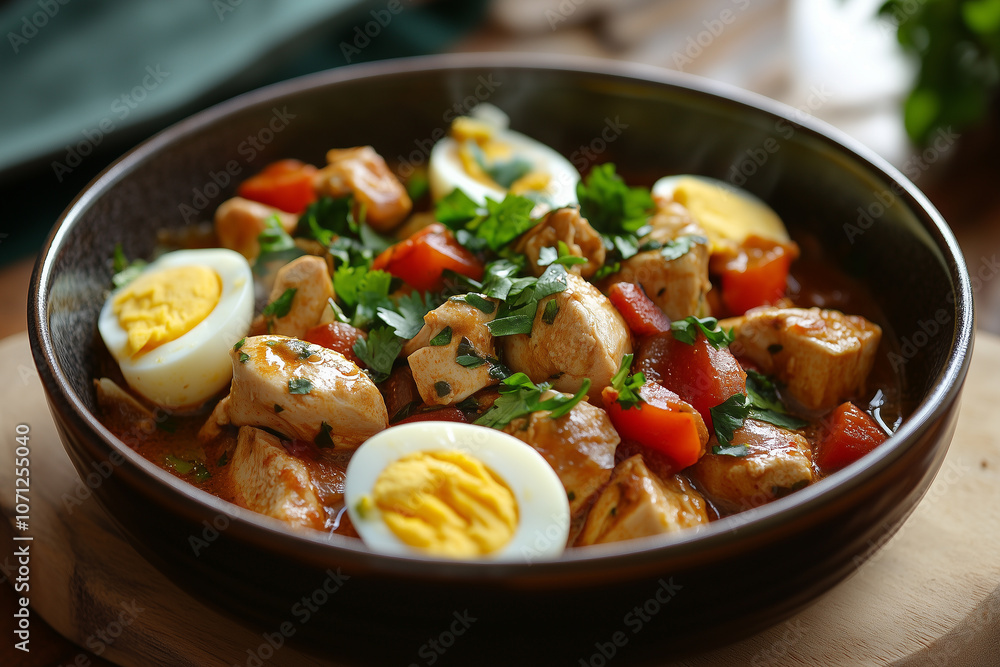 Flavorful chicken soup with boiled eggc served at rustic table Flavorful chicken soup with boiled eggc served at rustic table