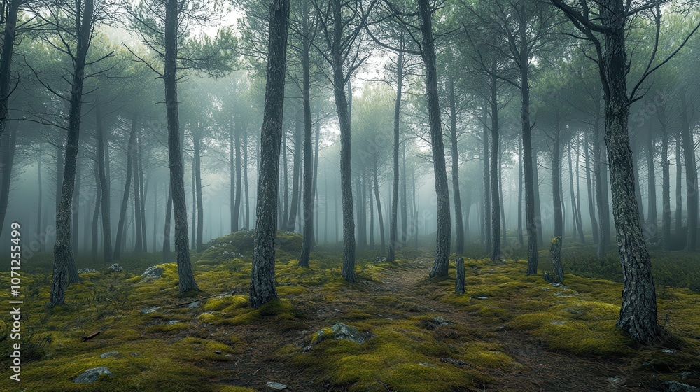 Obraz premium Mystical Foggy Forest Path with Tall Pine Trees and Lush Green Moss.